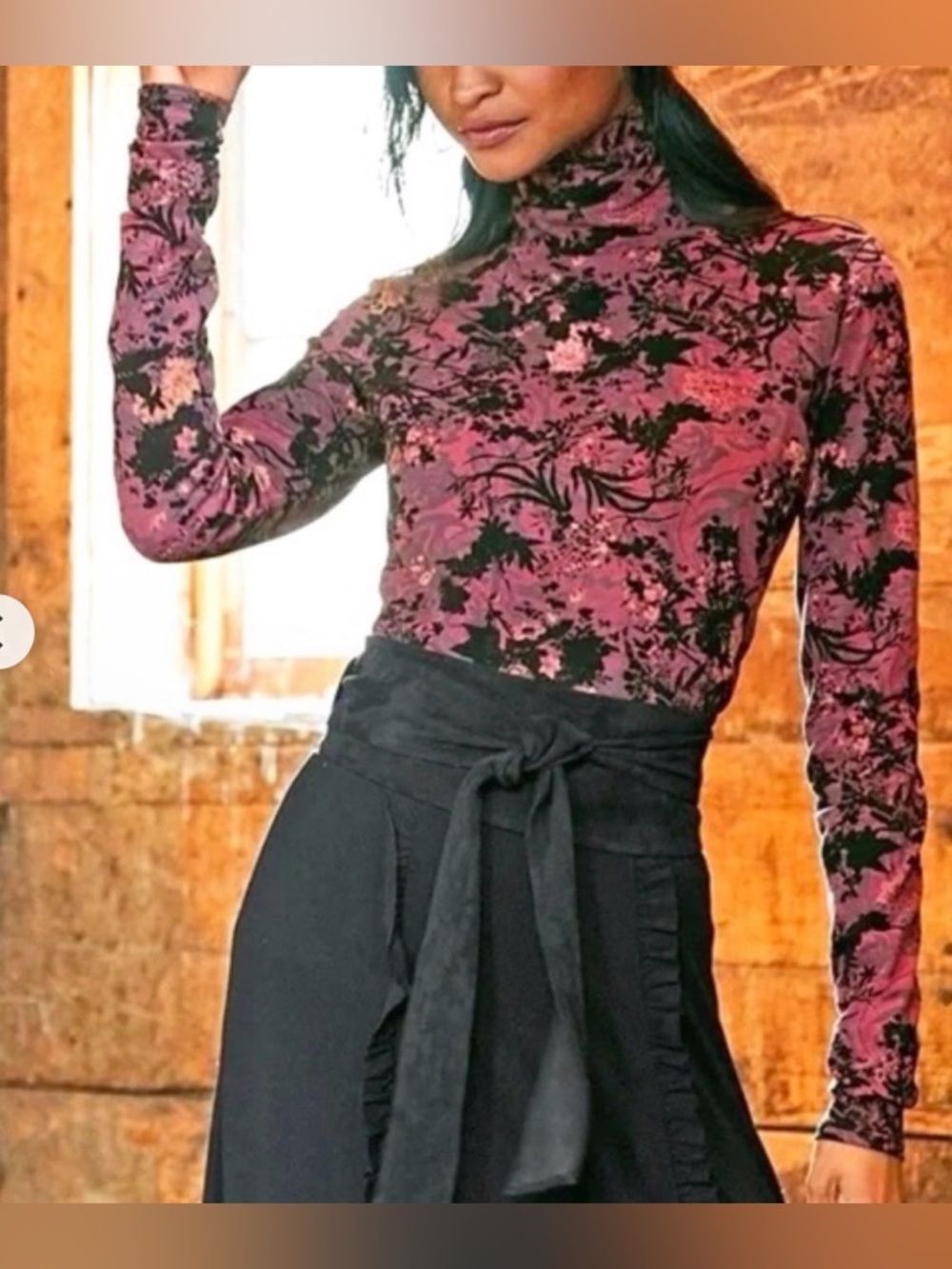 Peruvian Connection Pima Cotton Turtleneck Top Floral Garnet Pink Black Size M